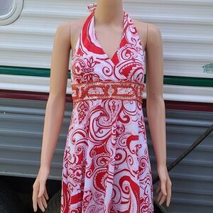 Joyous & Free Red & White floral Halter Top Dress